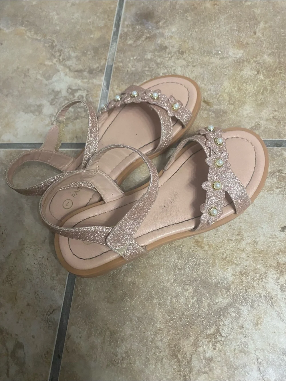 Girls' Sparkle Pink Floral Sandals with Pearl Accents size 1